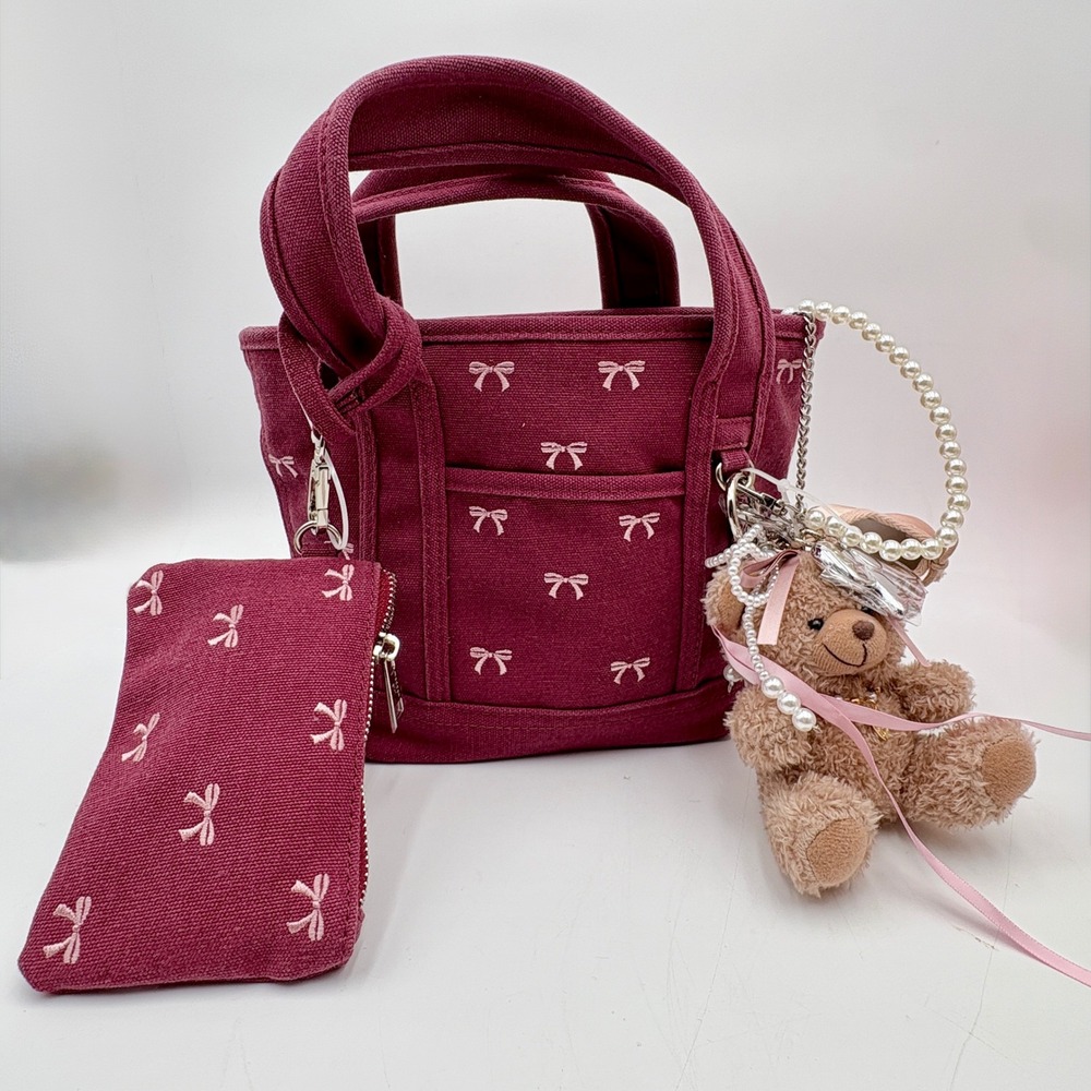 Madden Girl Mini Game Tote Handbag Purse Maroon Bow Accent Charm Key Crossbody